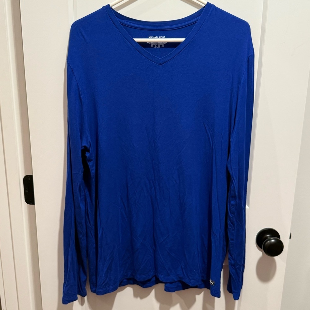 Women's‎ Michael Kors Long Sleeve V-neck Blue Shirt Top Stretchy Size Large